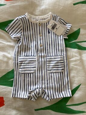 Ralph Lauren White & Navy Striped Cotton Baby Romper